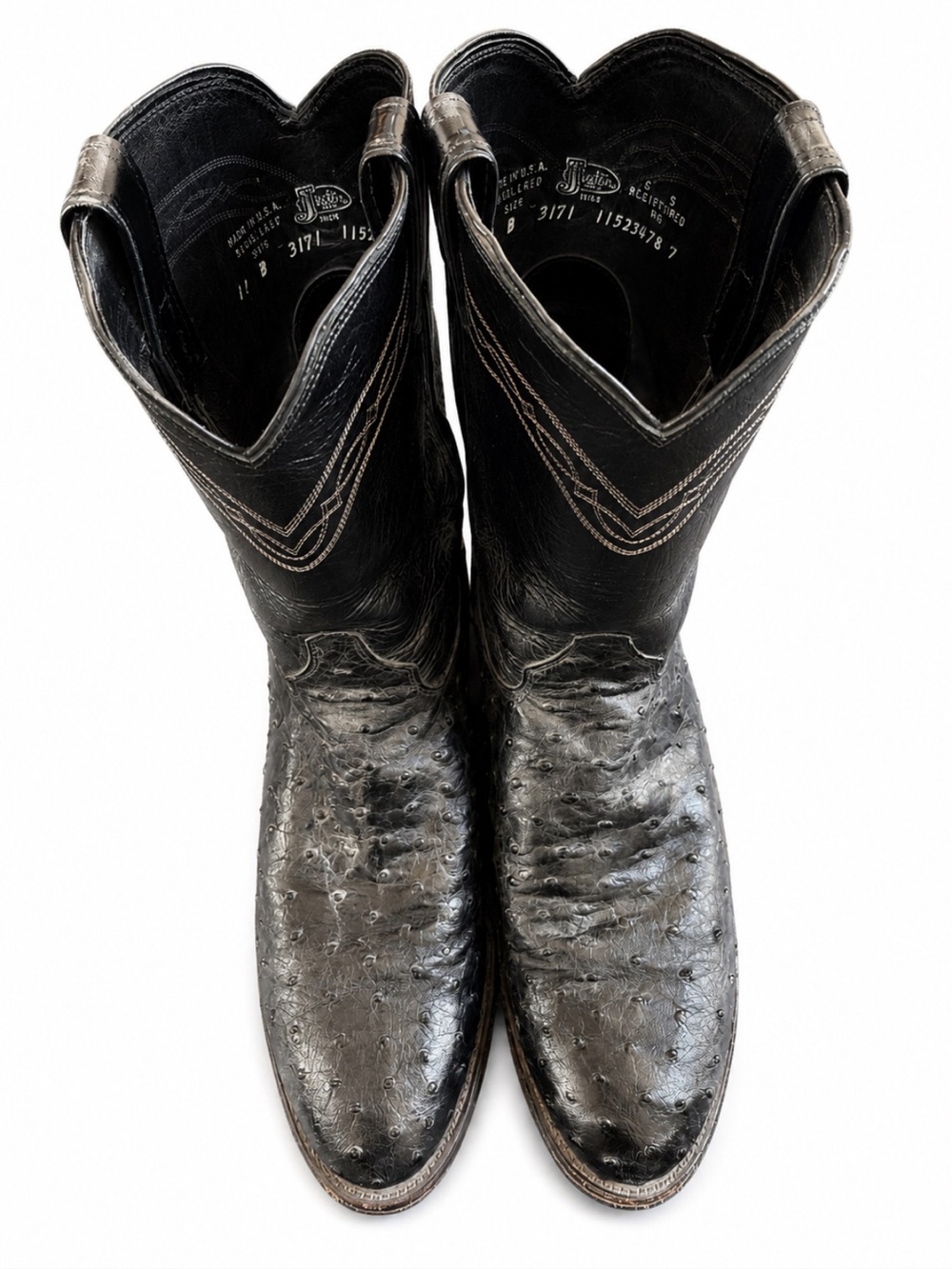 Justin 3171 Black Full Quill Ostrich Roper Boots USA 11B
